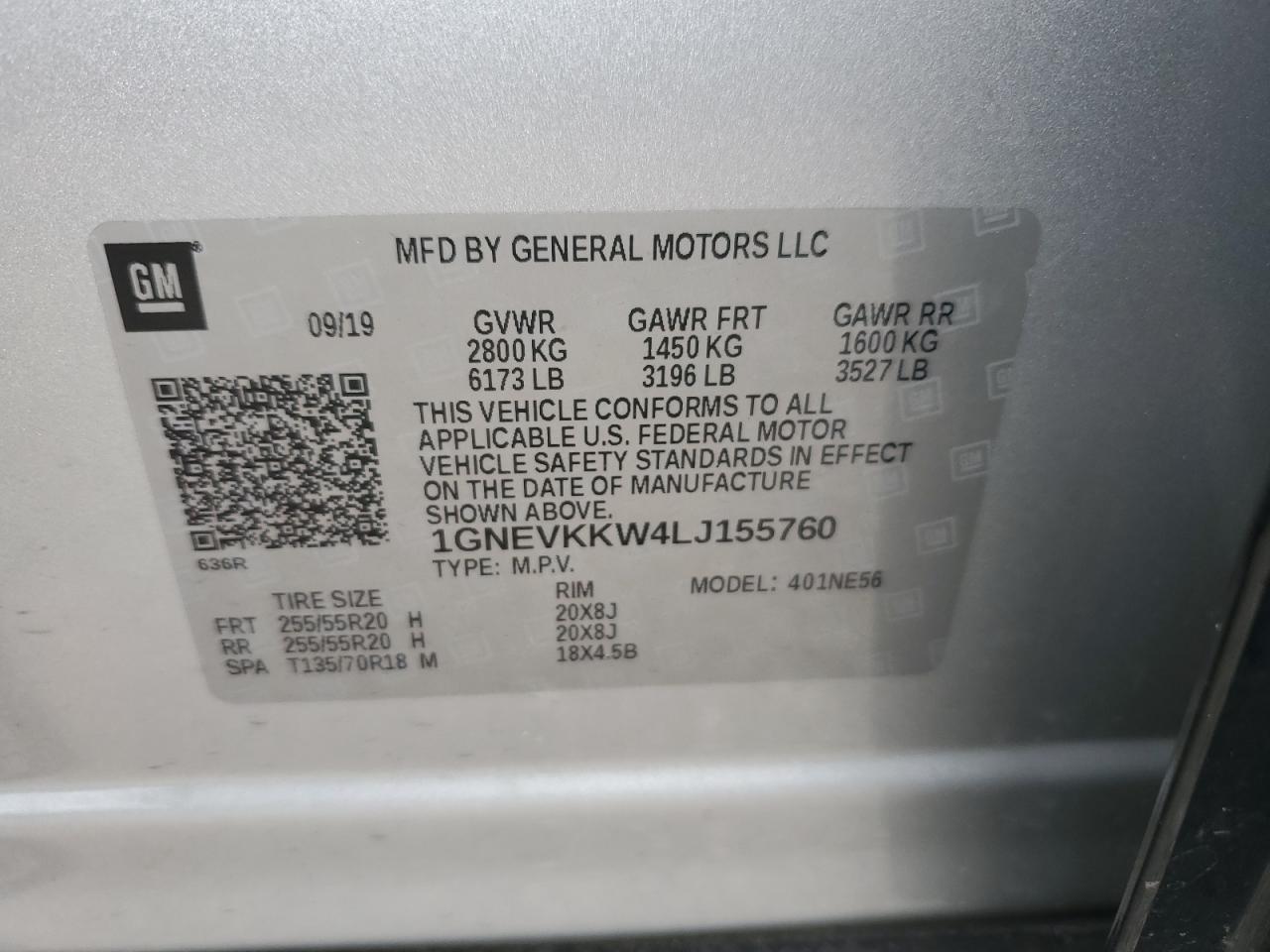 1GNEVKKW4LJ155760 2020 Chevrolet Traverse Premier