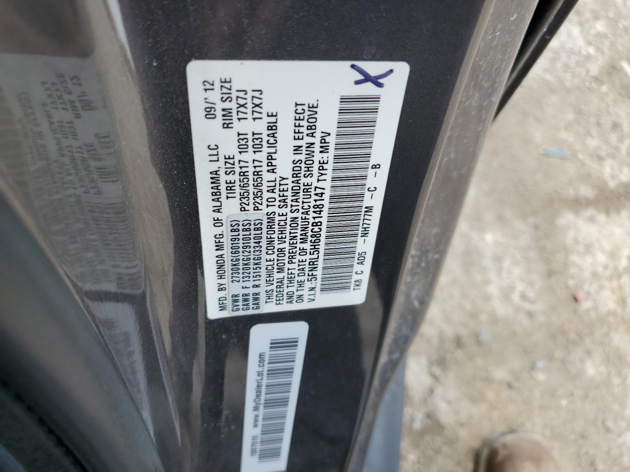 5FNRL5H68CB148147 2012 Honda Odyssey Exl