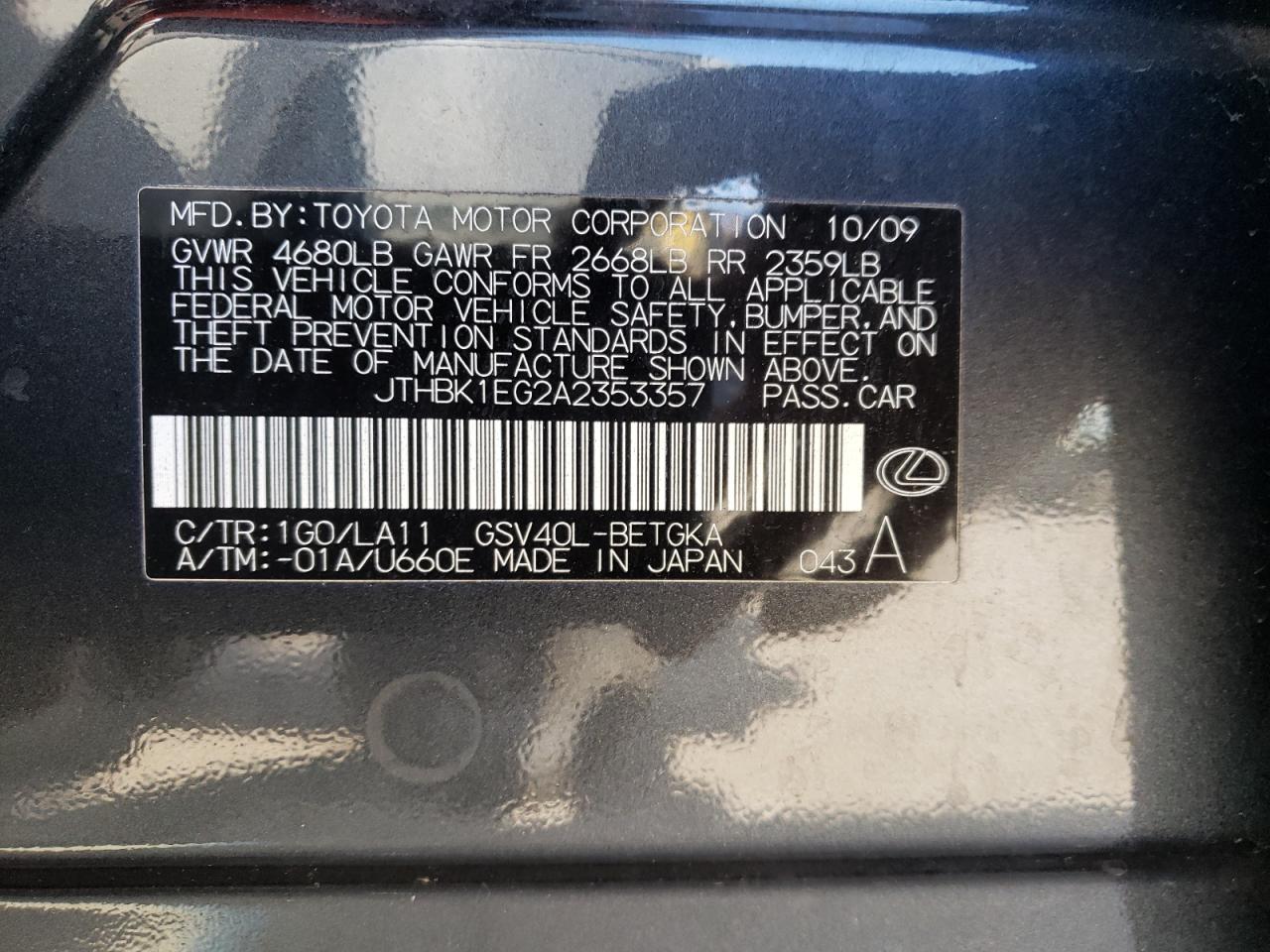 JTHBK1EG2A2353357 2010 Lexus Es 350