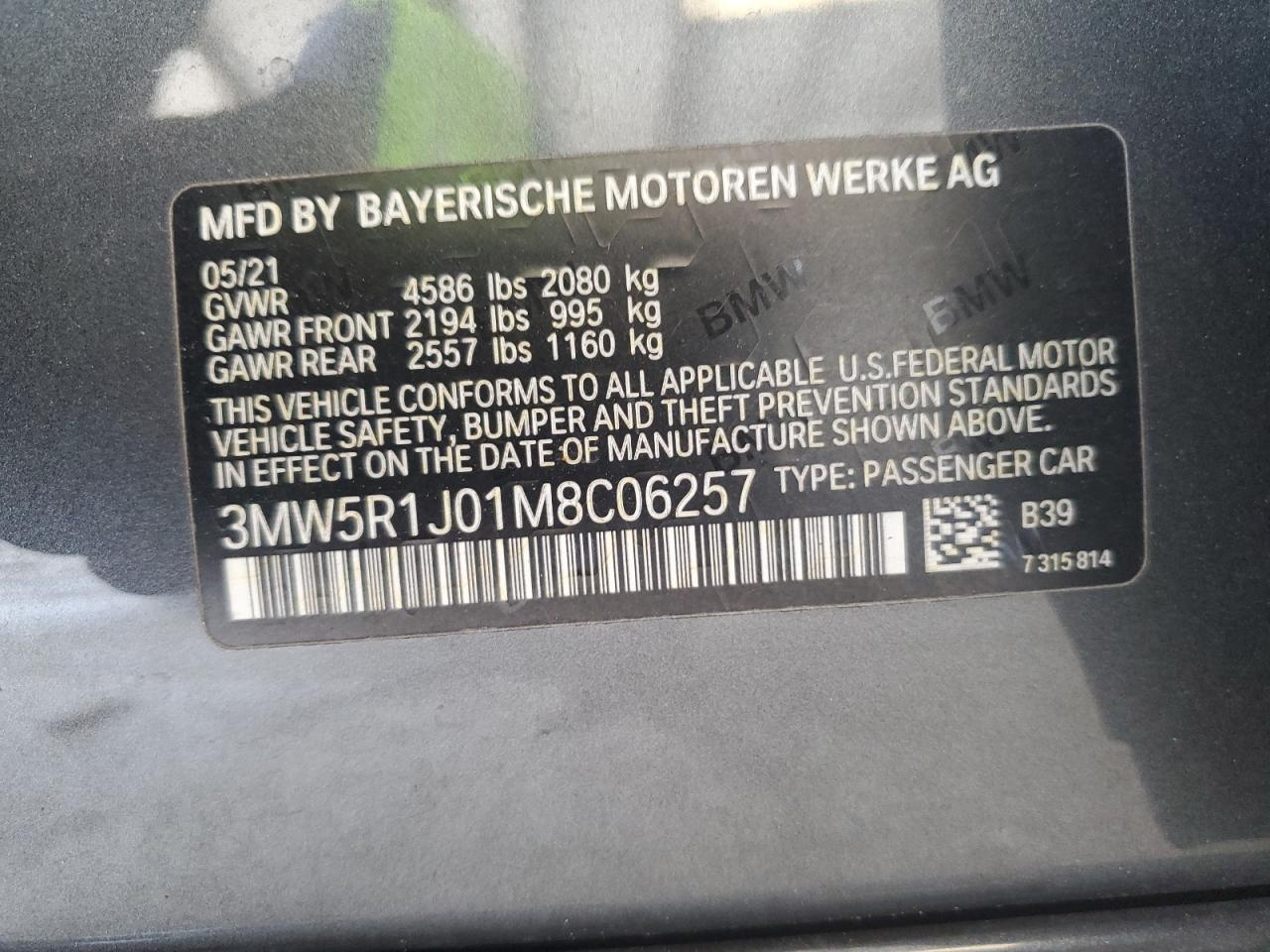 3MW5R1J01M8C06257 2021 BMW 330I