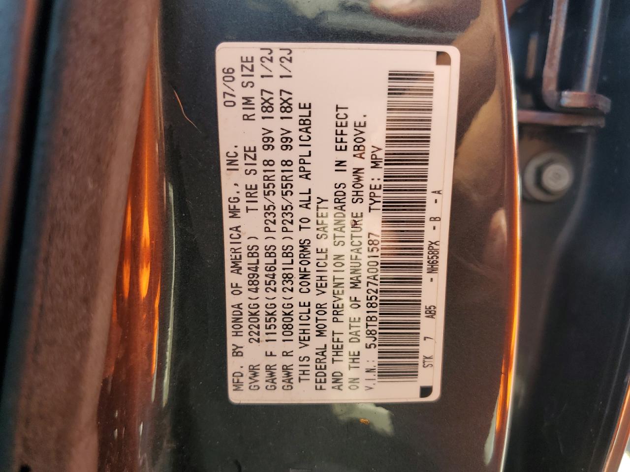 5J8TB18527A001587 2007 Acura Rdx Technology