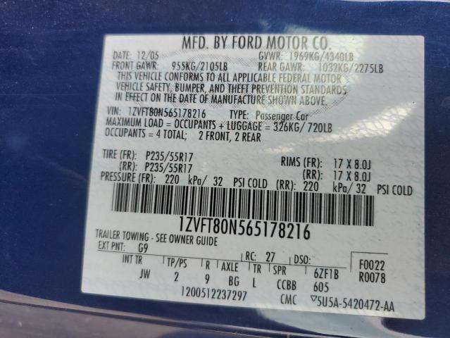 2006 Ford Mustang VIN: 1ZVFT80N565178216 Lot: 59419534