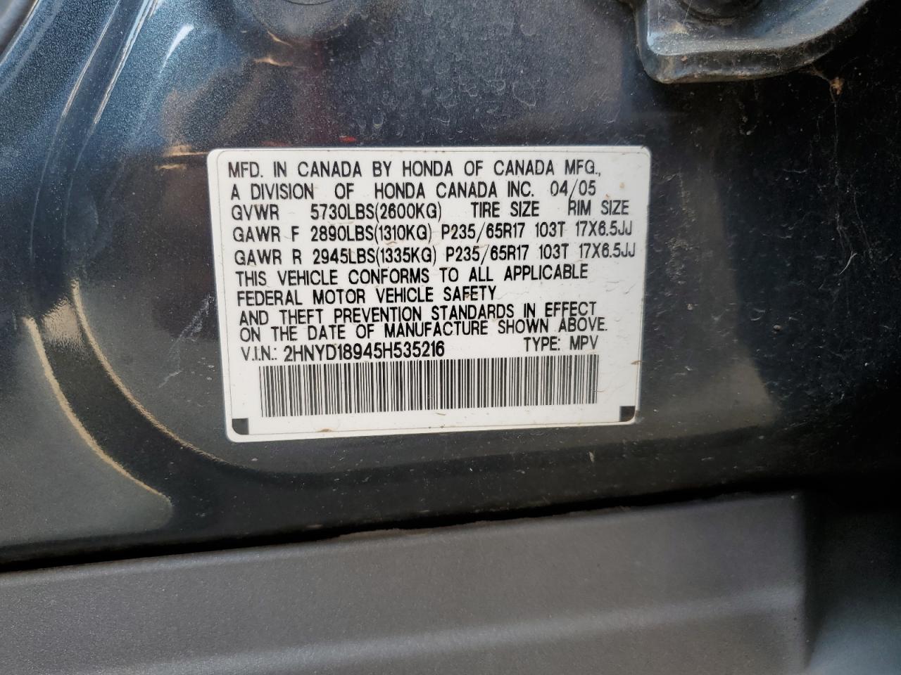 2HNYD18945H535216 2005 Acura Mdx Touring