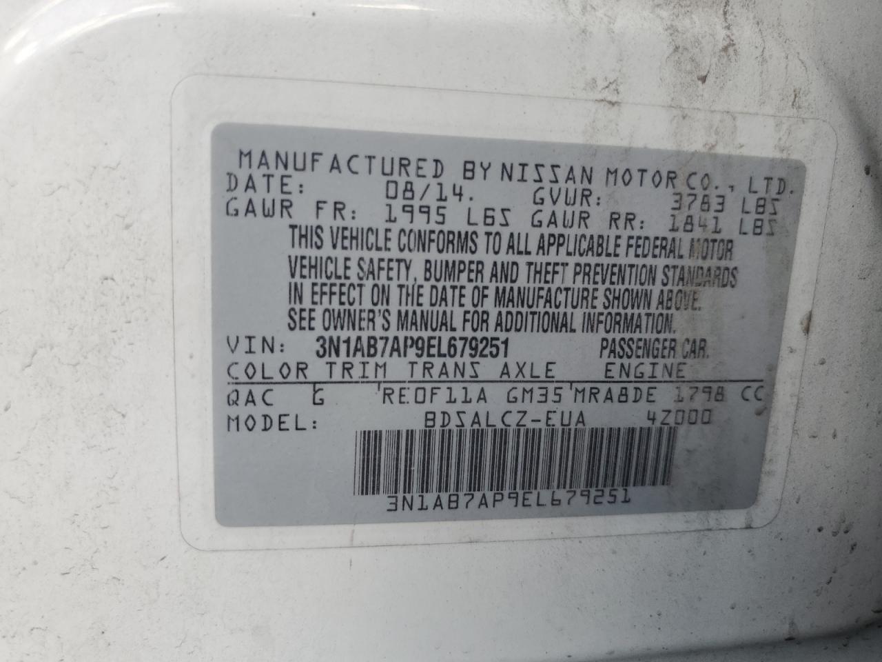 3N1AB7AP9EL679251 2014 Nissan Sentra S
