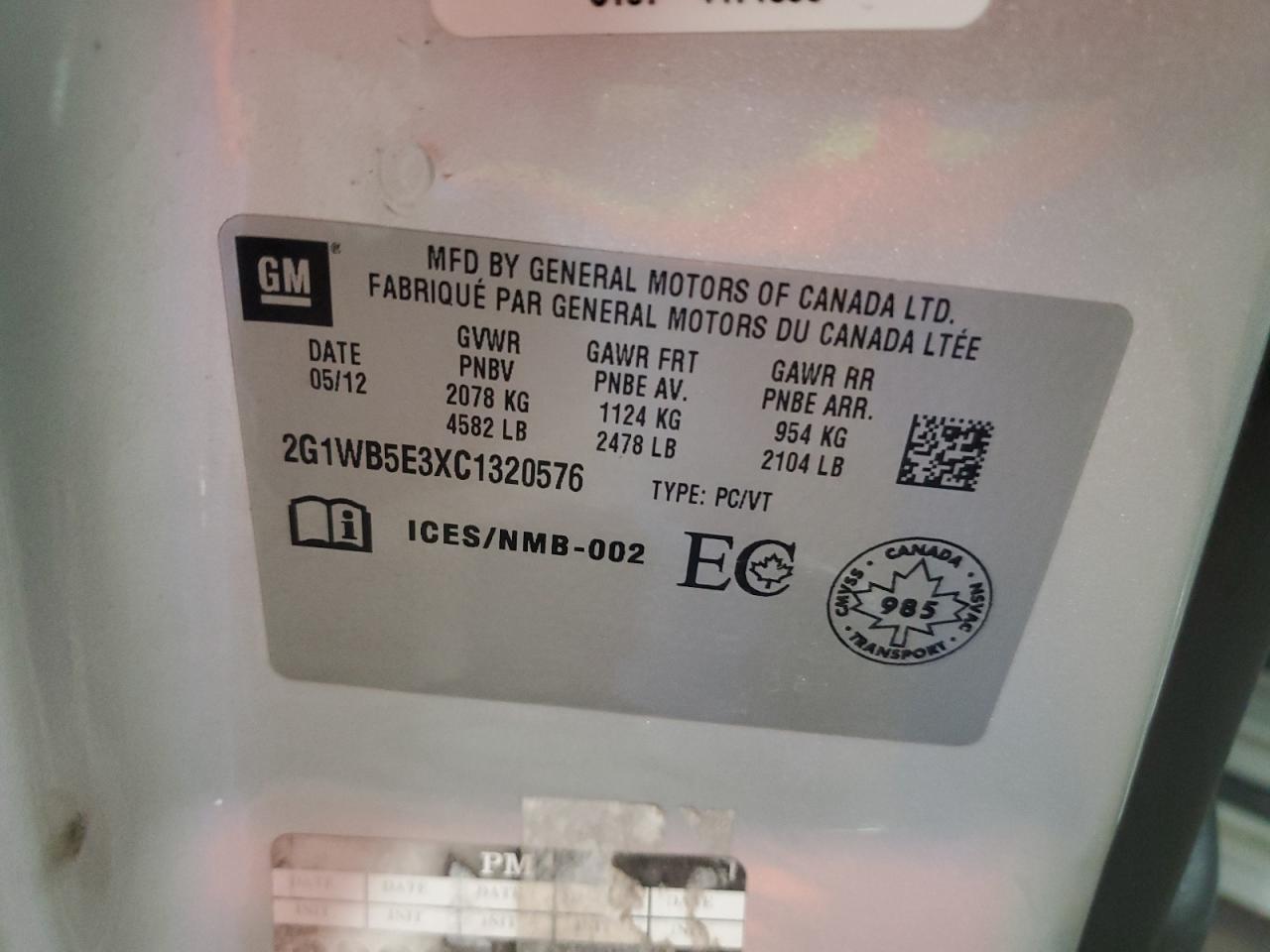 2G1WB5E3XC1320576 2012 Chevrolet Impala Lt