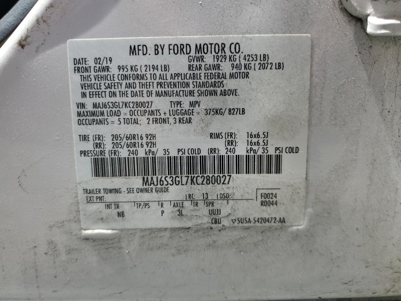 MAJ6S3GL7KC280027 2019 Ford Ecosport Se