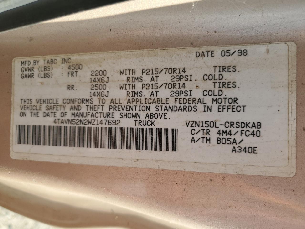 4TAVN52N2WZ147692 1998 Toyota Tacoma Xtracab