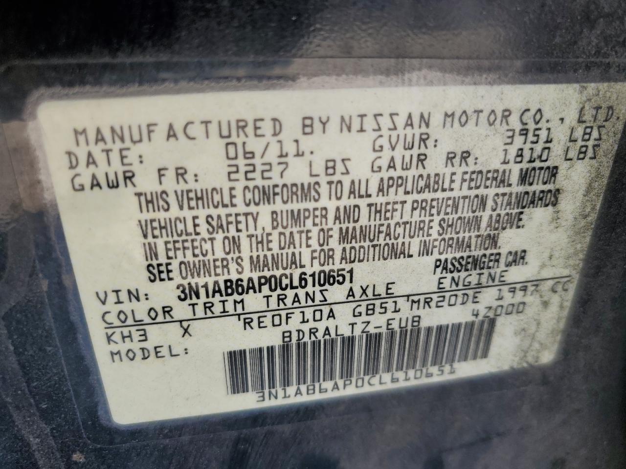 3N1AB6AP0CL610651 2012 Nissan Sentra 2.0
