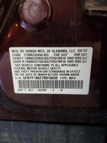 2007 Honda Pilot Exl VIN: 5FNYF18627B016650 Lot: 58098394