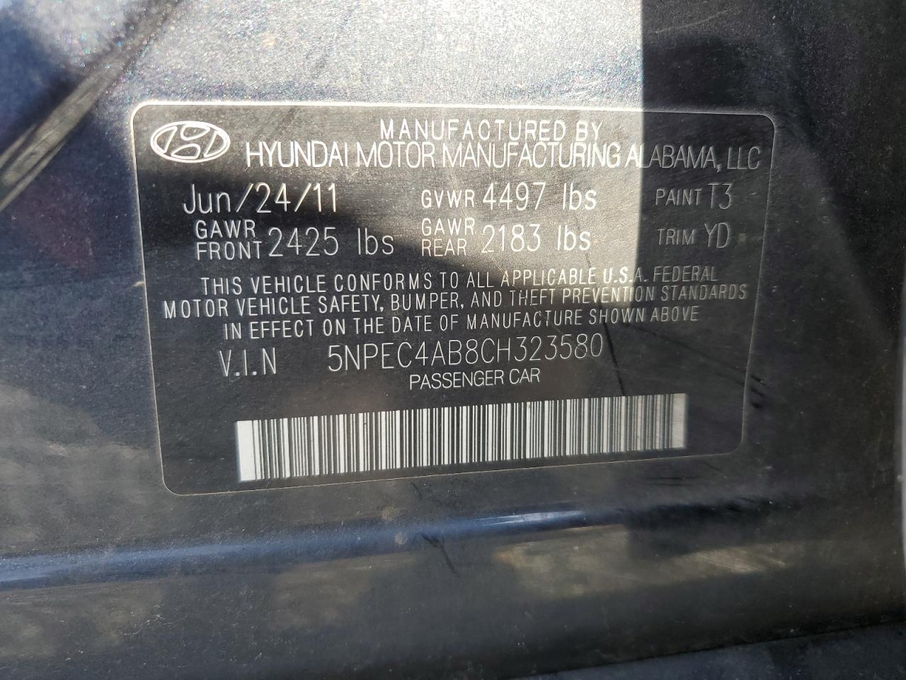 5NPEC4AB8CH323580 2012 Hyundai Sonata Se