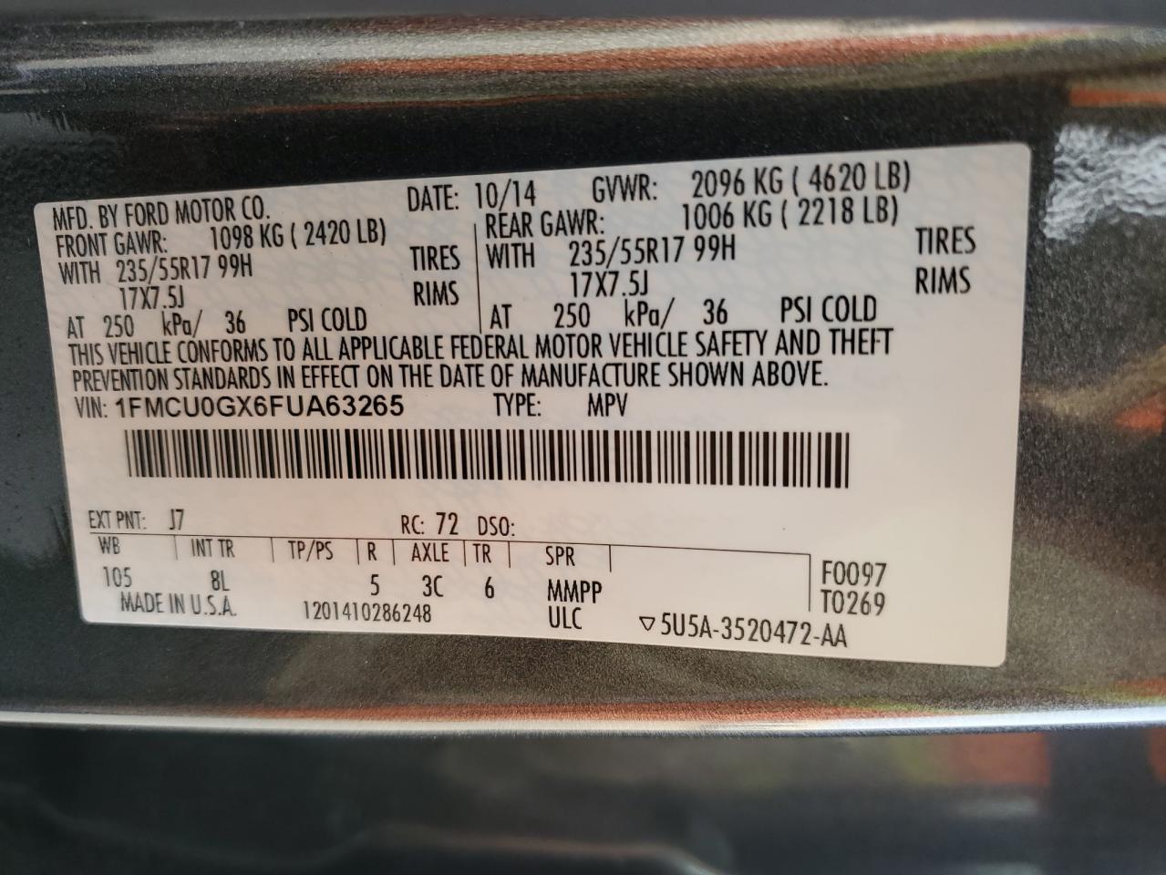 1FMCU0GX6FUA63265 2015 Ford Escape Se