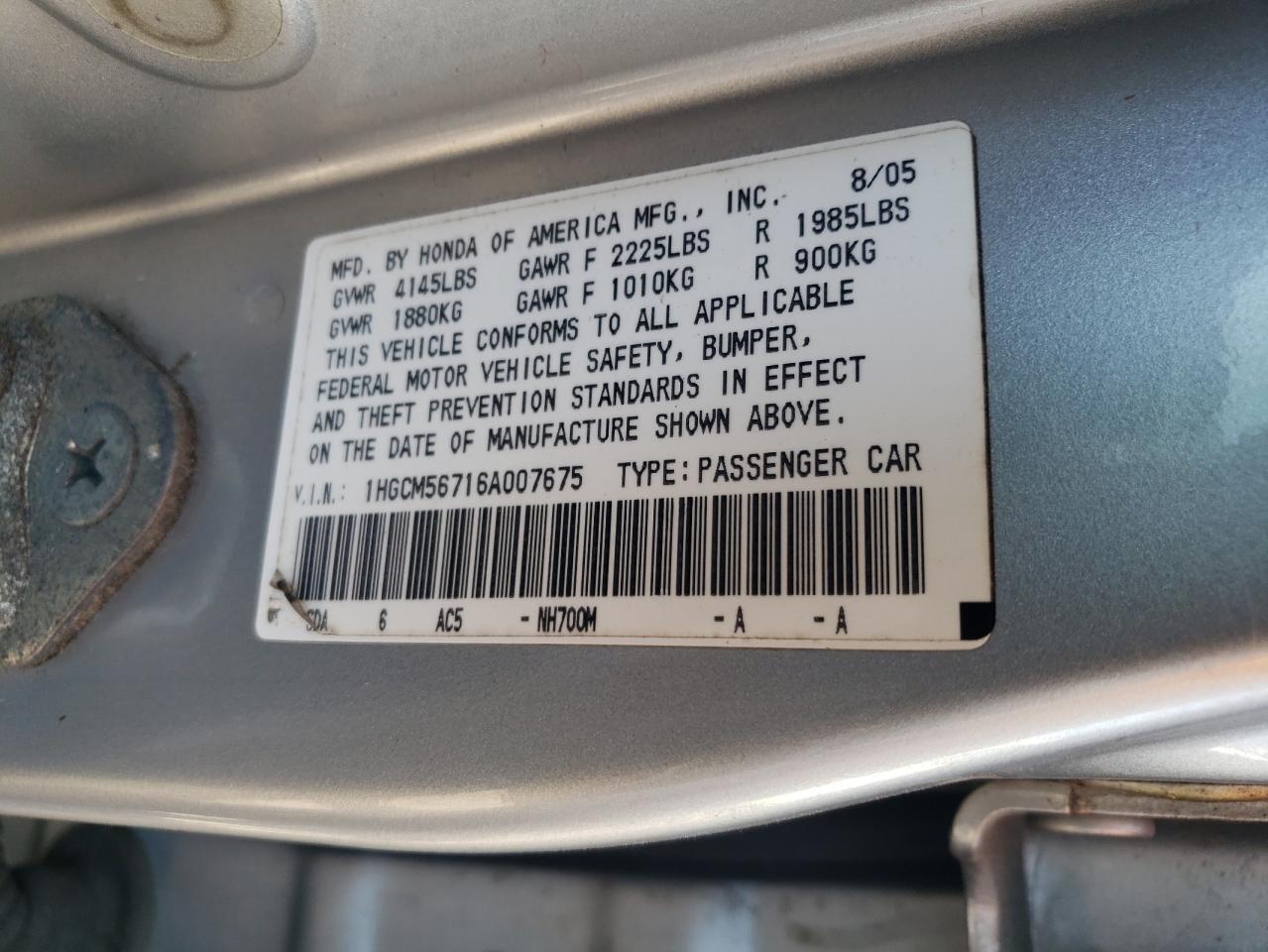 1HGCM56716A007675 2006 Honda Accord Ex