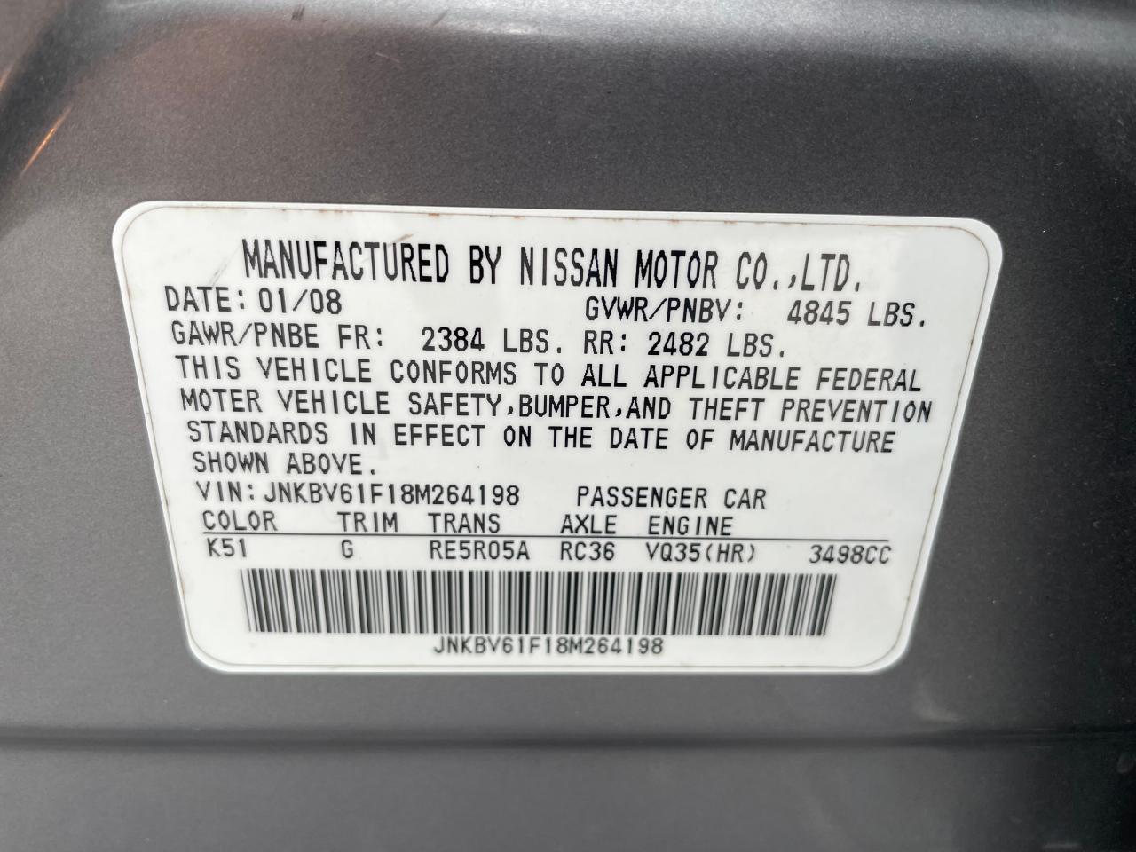 JNKBV61F18M264198 2008 Infiniti G35