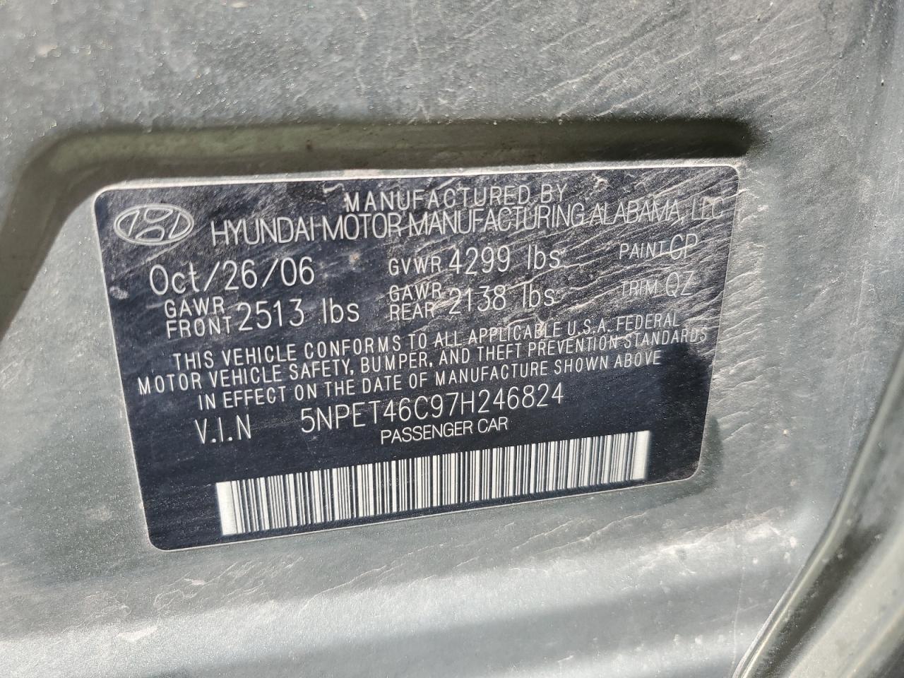 5NPET46C97H246824 2007 Hyundai Sonata Gls