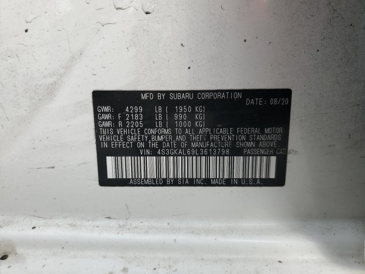 4S3GKAL69L3613798 2020 Subaru Impreza Sport