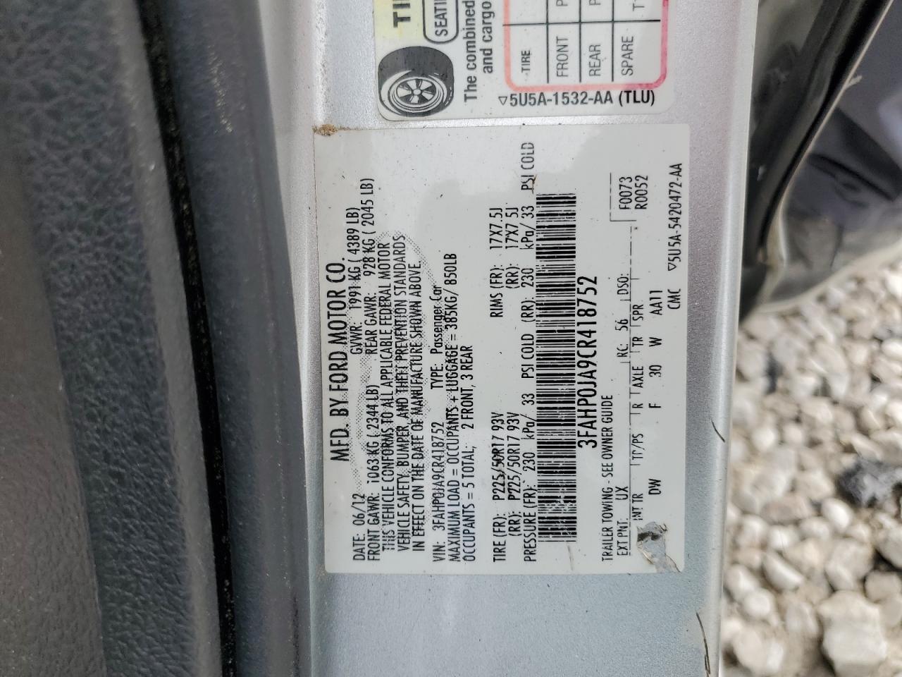 3FAHP0JA9CR418752 2012 Ford Fusion Sel