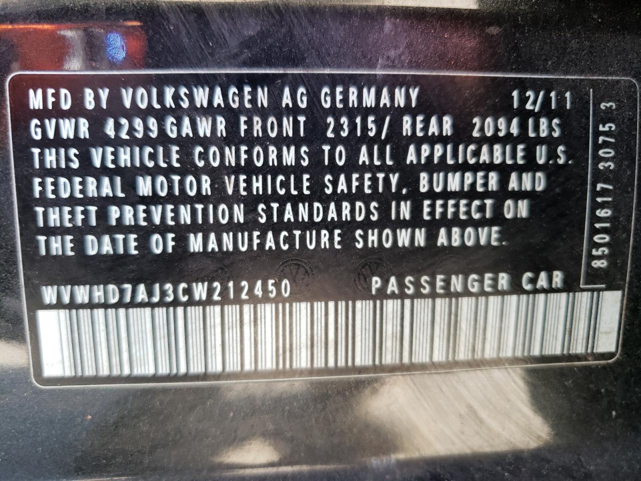 WVWHD7AJ3CW212450 2012 Volkswagen Gti