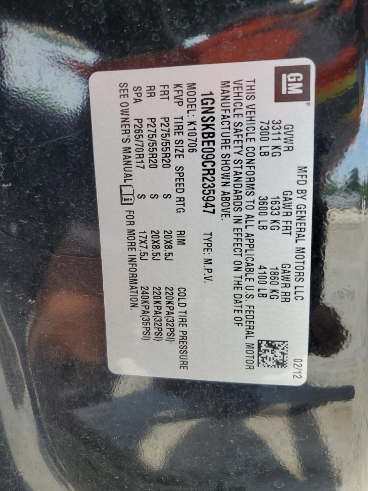 1GNSKBE09CR235947 2012 Chevrolet Tahoe K1500 Lt