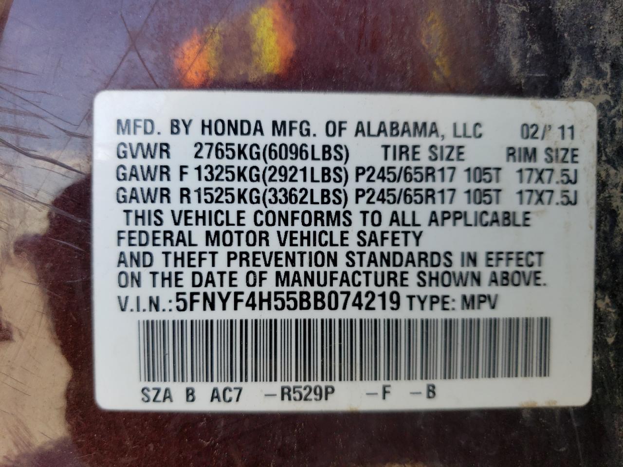 5FNYF4H55BB074219 2011 Honda Pilot Exl