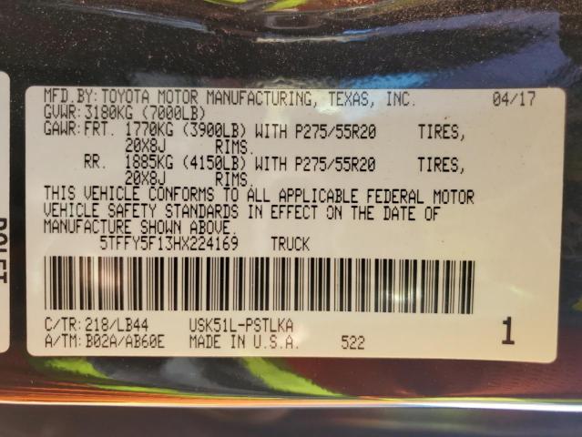 2017 Toyota Tundra Crewmax Limited VIN: 5TFFY5F13HX224169 Lot: 58939664