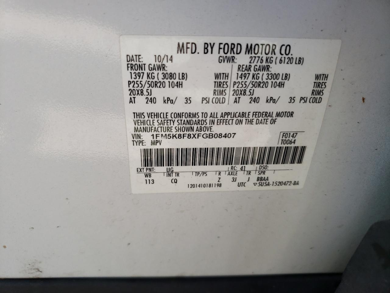 1FM5K8F8XFGB08407 2015 Ford Explorer Limited