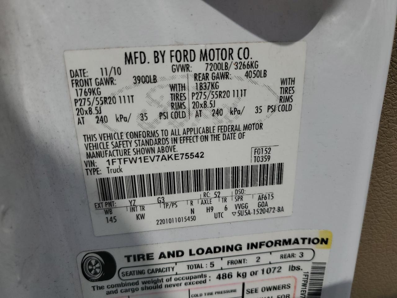 1FTFW1EV7AKE75542 2010 Ford F150 Supercrew