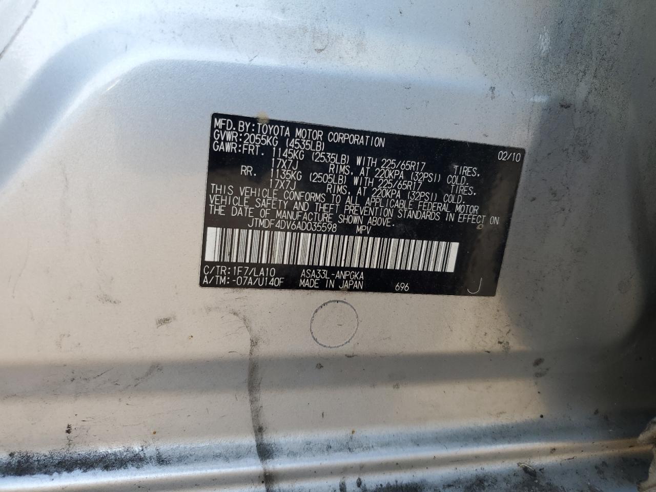 JTMDF4DV6AD035598 2010 Toyota Rav4 Limited