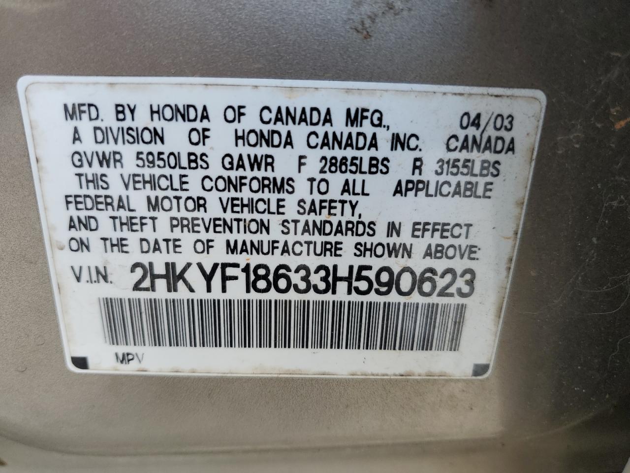 2HKYF18633H590623 2003 Honda Pilot Exl