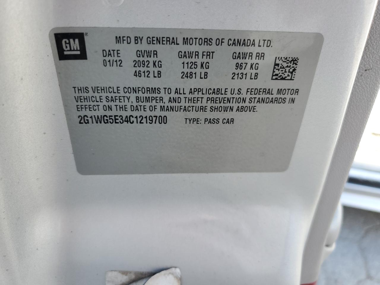 2G1WG5E34C1219700 2012 Chevrolet Impala Lt