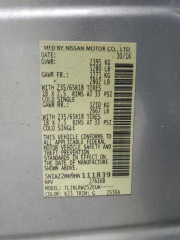 2017 Nissan Murano S VIN: 5N1AZ2MH9HN111839 Lot: 60763224