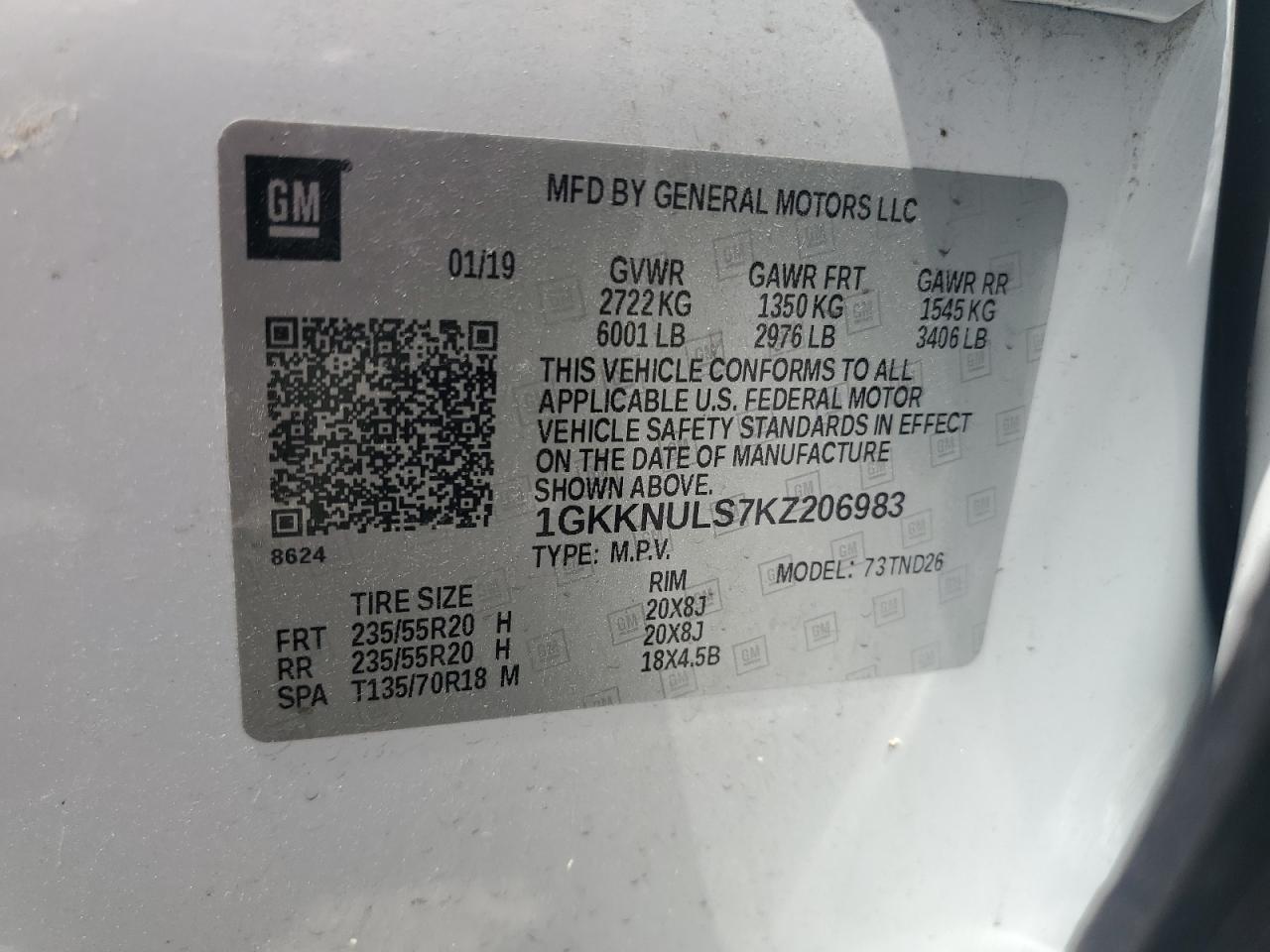 1GKKNULS7KZ206983 2019 GMC Acadia Slt-1