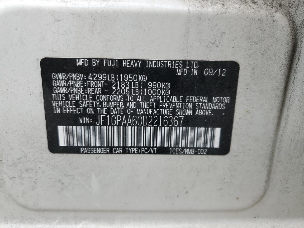 JF1GPAA60D2216367 2013 Subaru Impreza