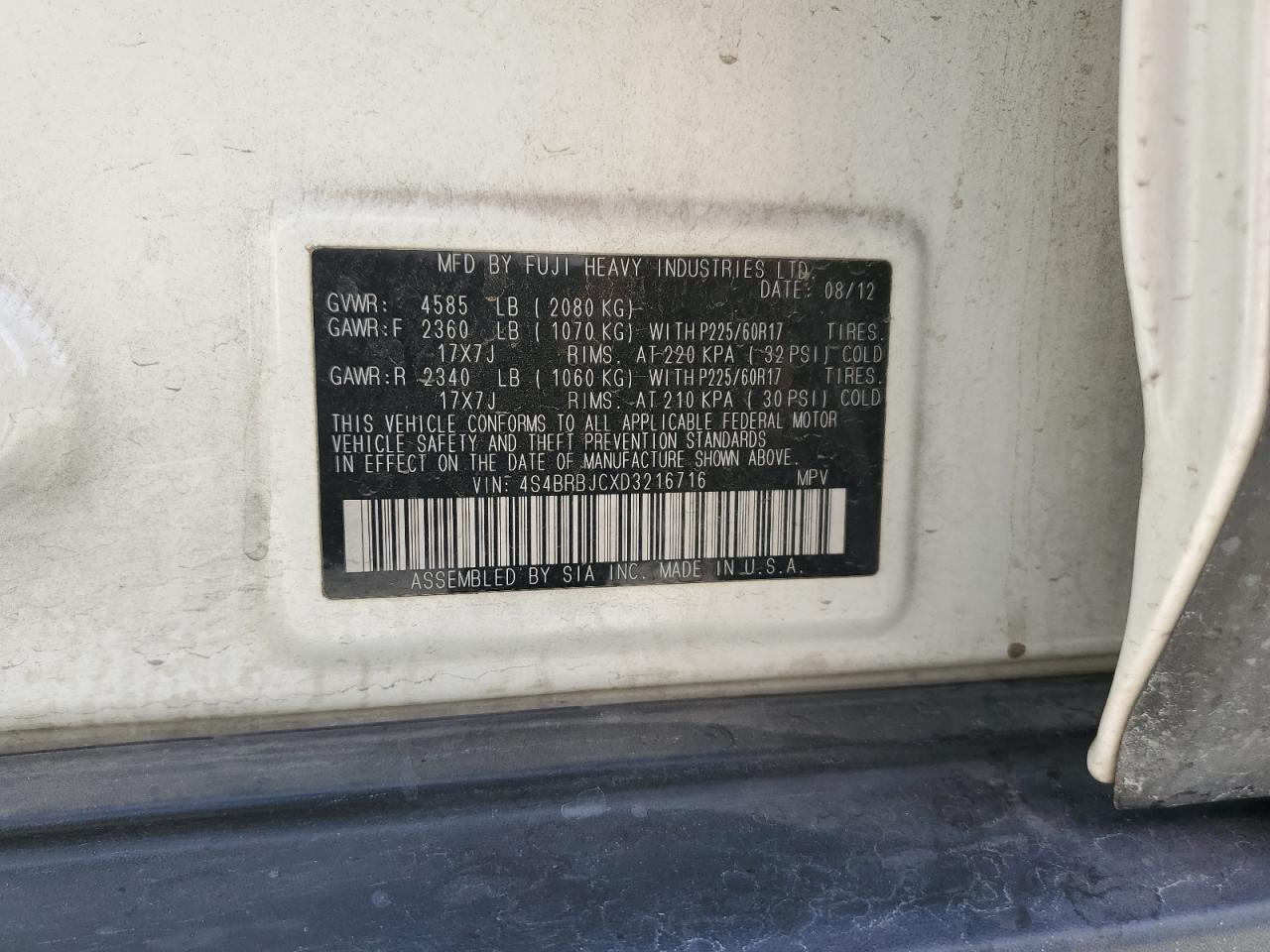 4S4BRBJCXD3216716 2013 Subaru Outback 2.5I Limited