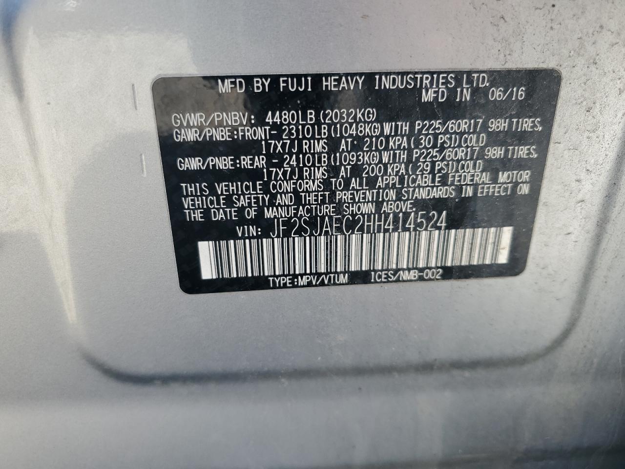 JF2SJAEC2HH414524 2017 Subaru Forester 2.5I Premium