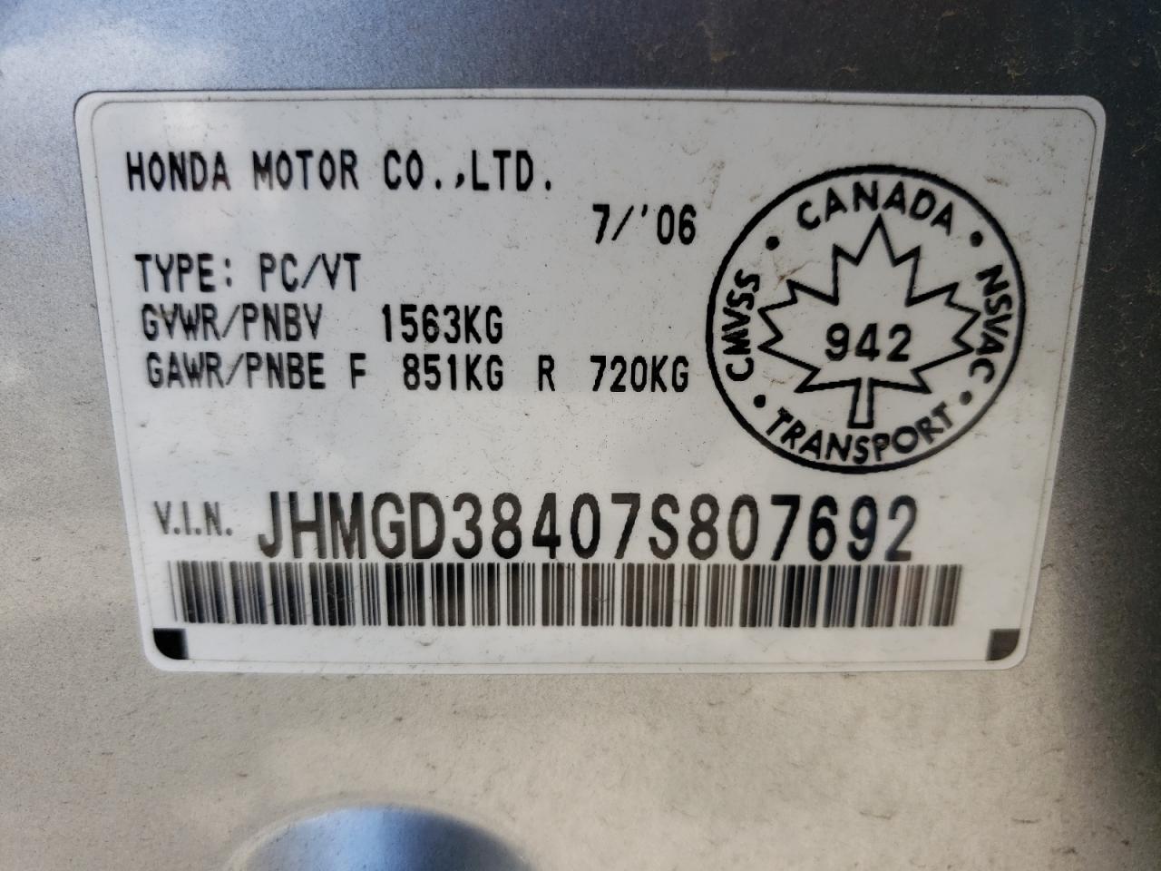 JHMGD38407S807692 2007 Honda Fit