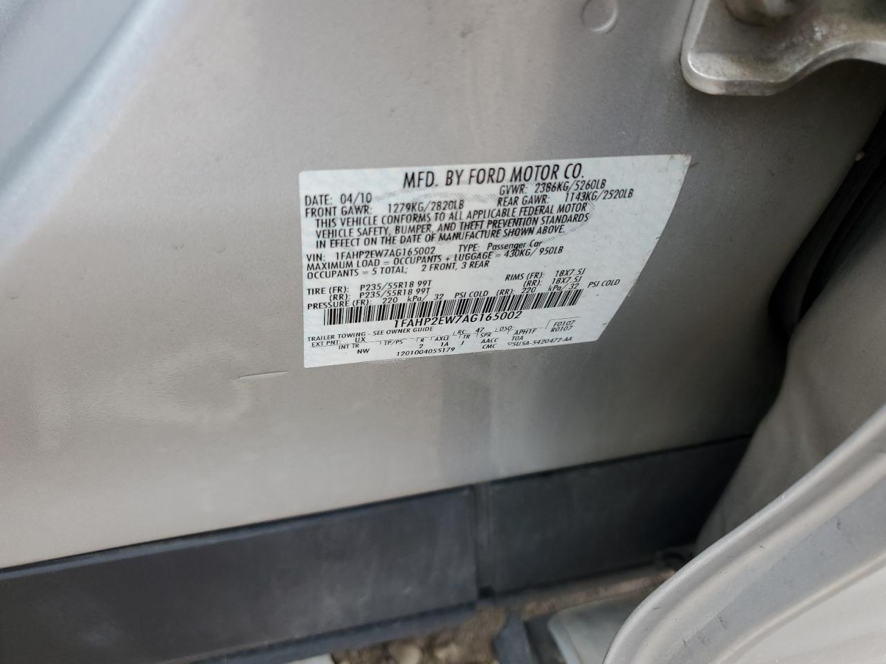 1FAHP2EW7AG165002 2010 Ford Taurus Sel