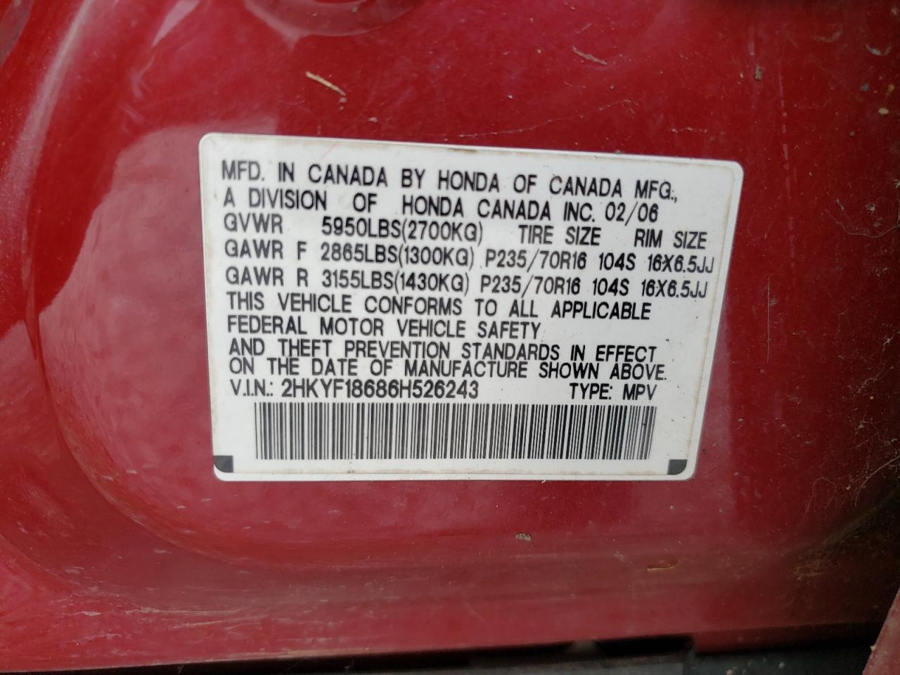 2HKYF18686H526243 2006 Honda Pilot Ex