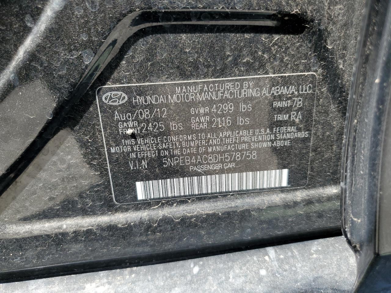 5NPEB4AC8DH578758 2013 Hyundai Sonata Gls