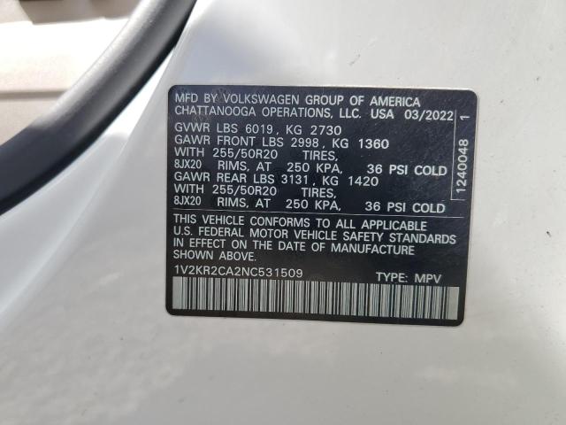2022 Volkswagen Atlas Se VIN: 1V2KR2CA2NC531509 Lot: 57149864