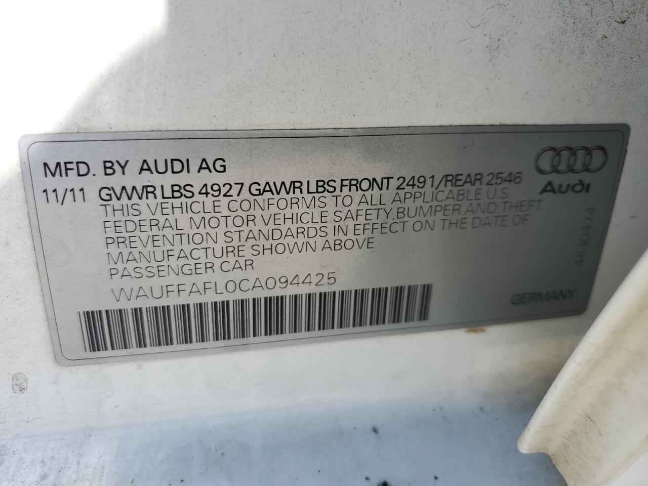 WAUFFAFL0CA094425 2012 Audi A4 Premium Plus