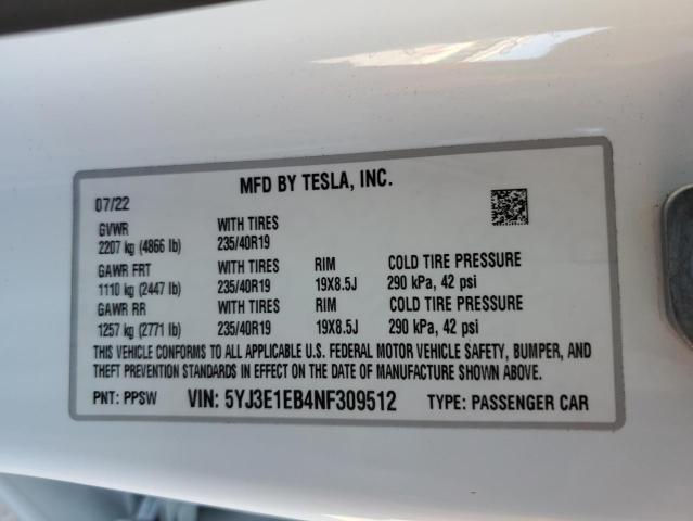 2022 Tesla Model 3 VIN: 5YJ3E1EB4NF309512 Lot: 60931774