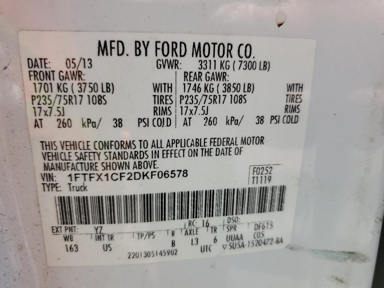 1FTFX1CF2DKF06578 2013 Ford F150 Super Cab