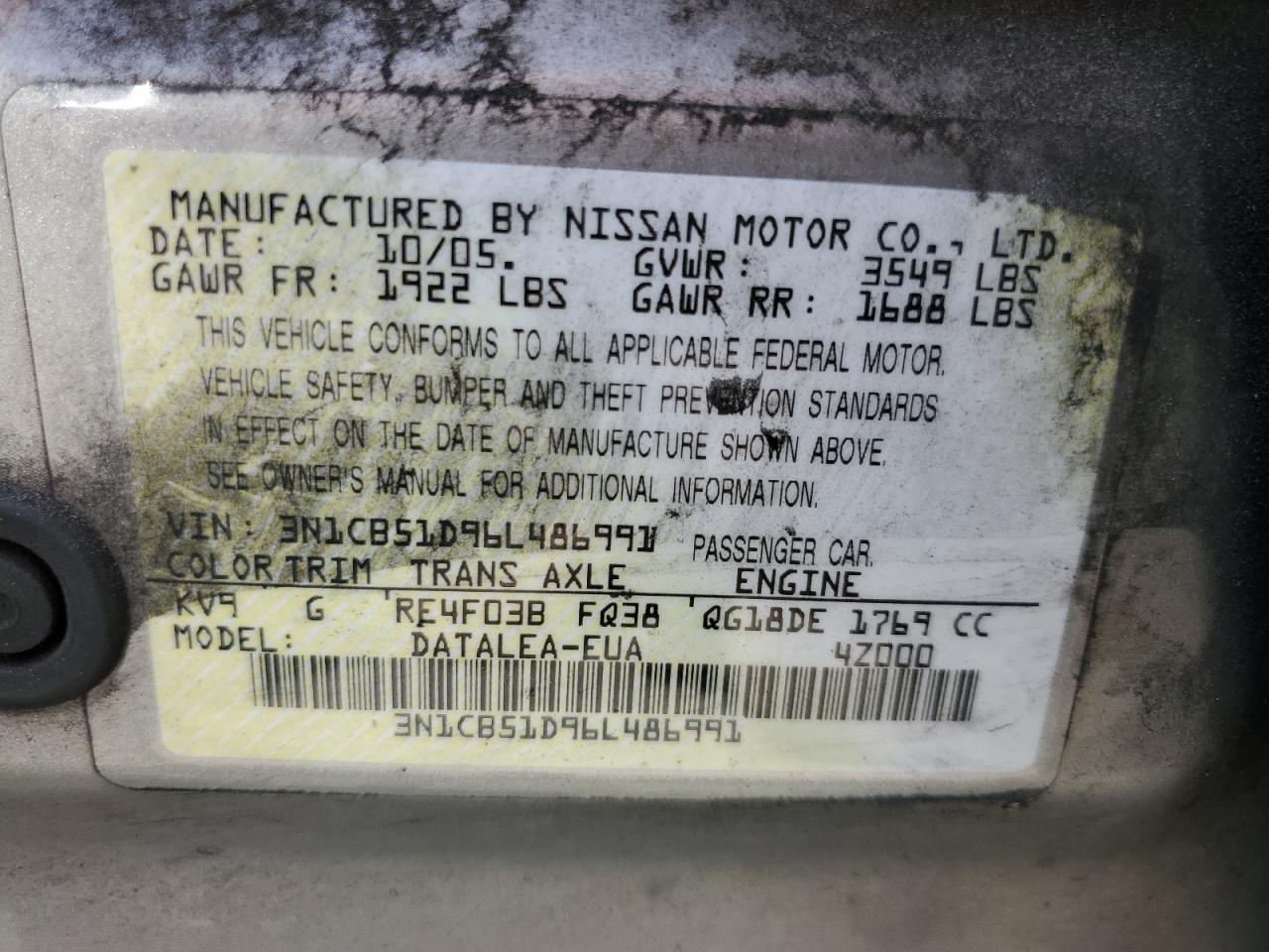 3N1CB51D96L486991 2006 Nissan Sentra 1.8