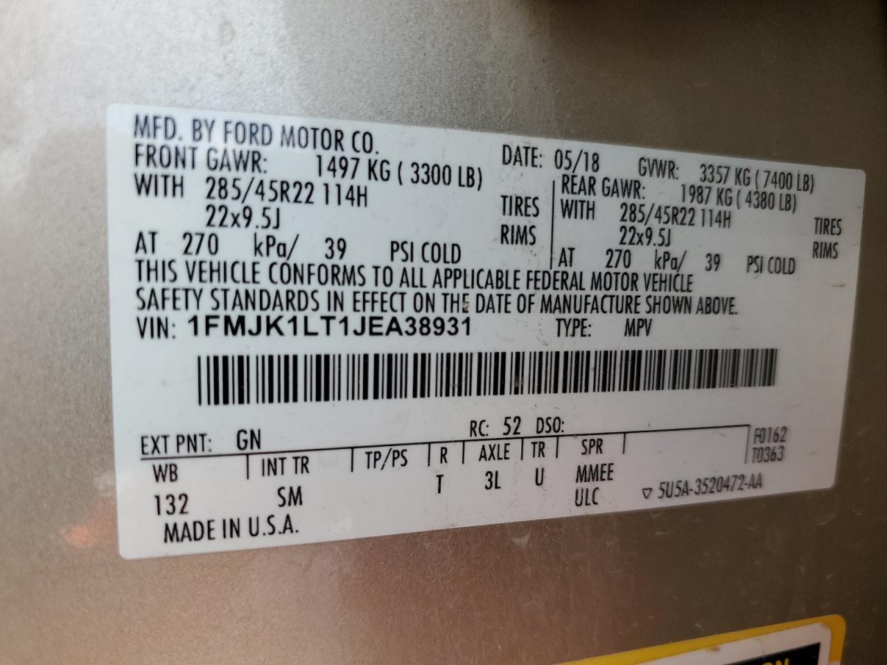 1FMJK1LT1JEA38931 2018 Ford Expedition Max Platinum