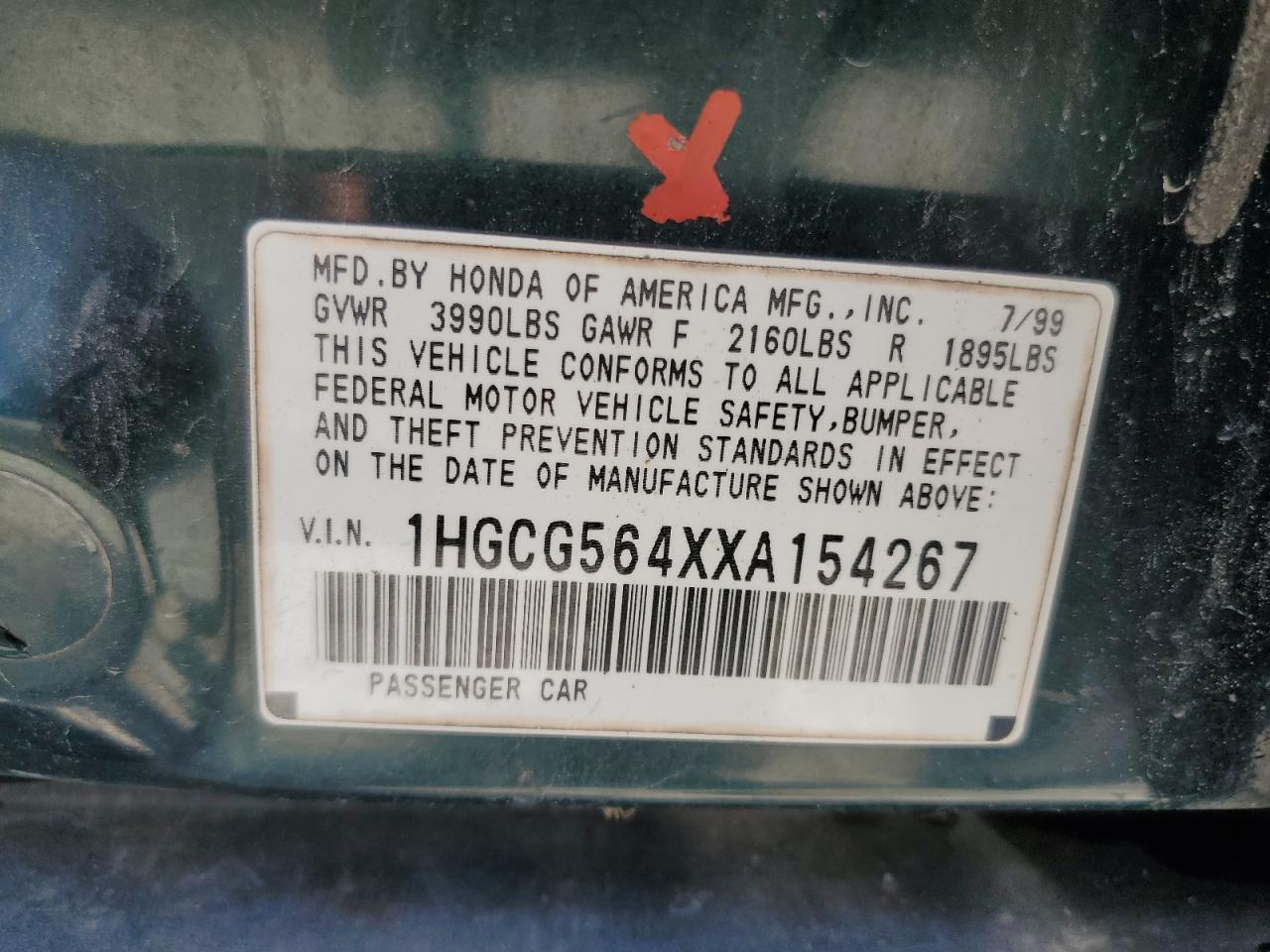 1HGCG564XXA154267 1999 Honda Accord Lx
