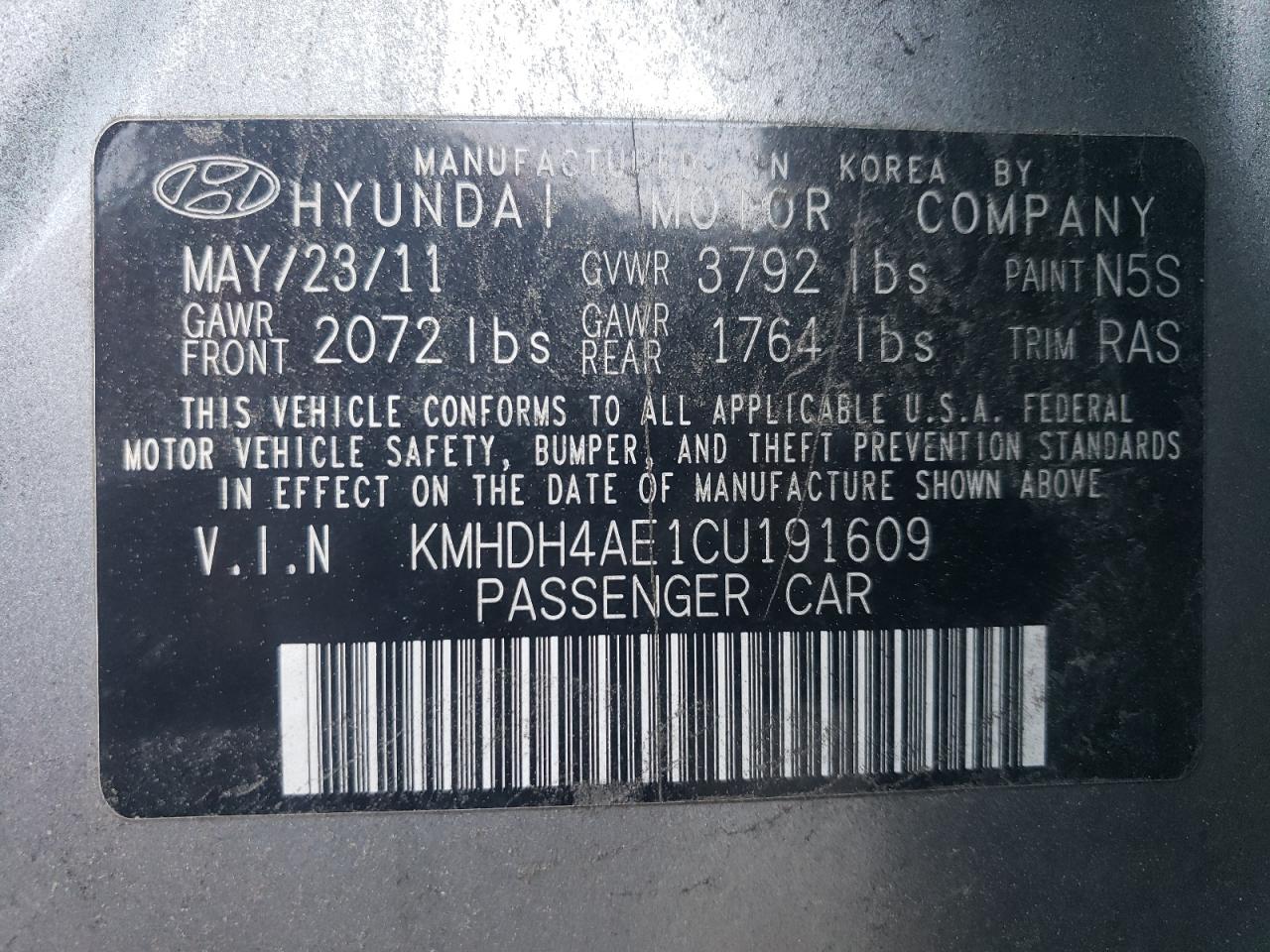 KMHDH4AE1CU191609 2012 Hyundai Elantra Gls