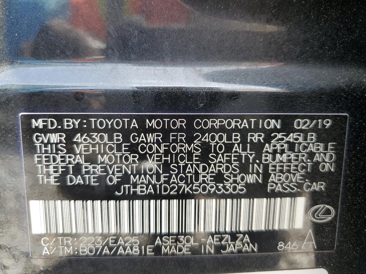 JTHBA1D27K5093305 2019 Lexus Is 300