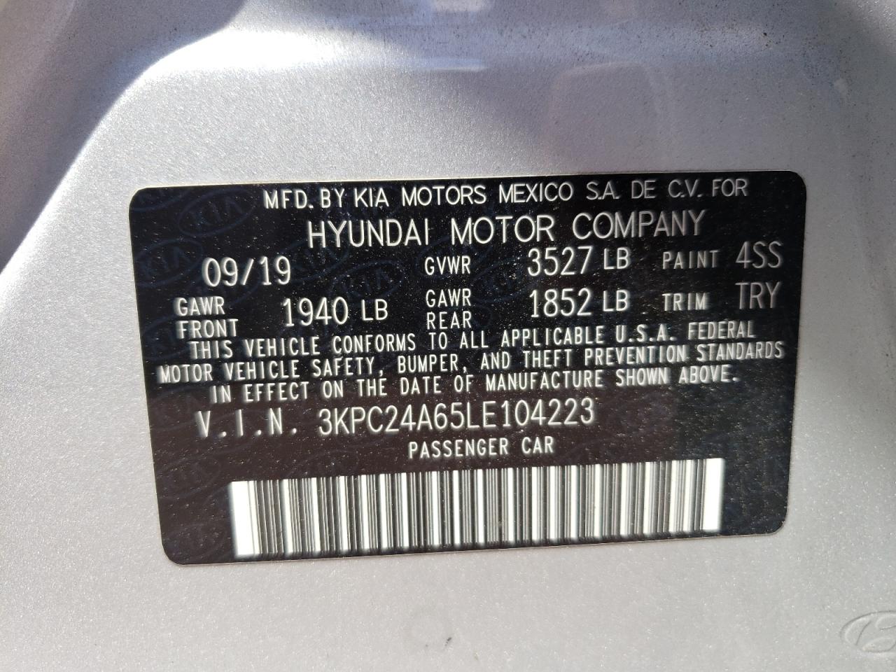 3KPC24A65LE104223 2020 Hyundai Accent Se
