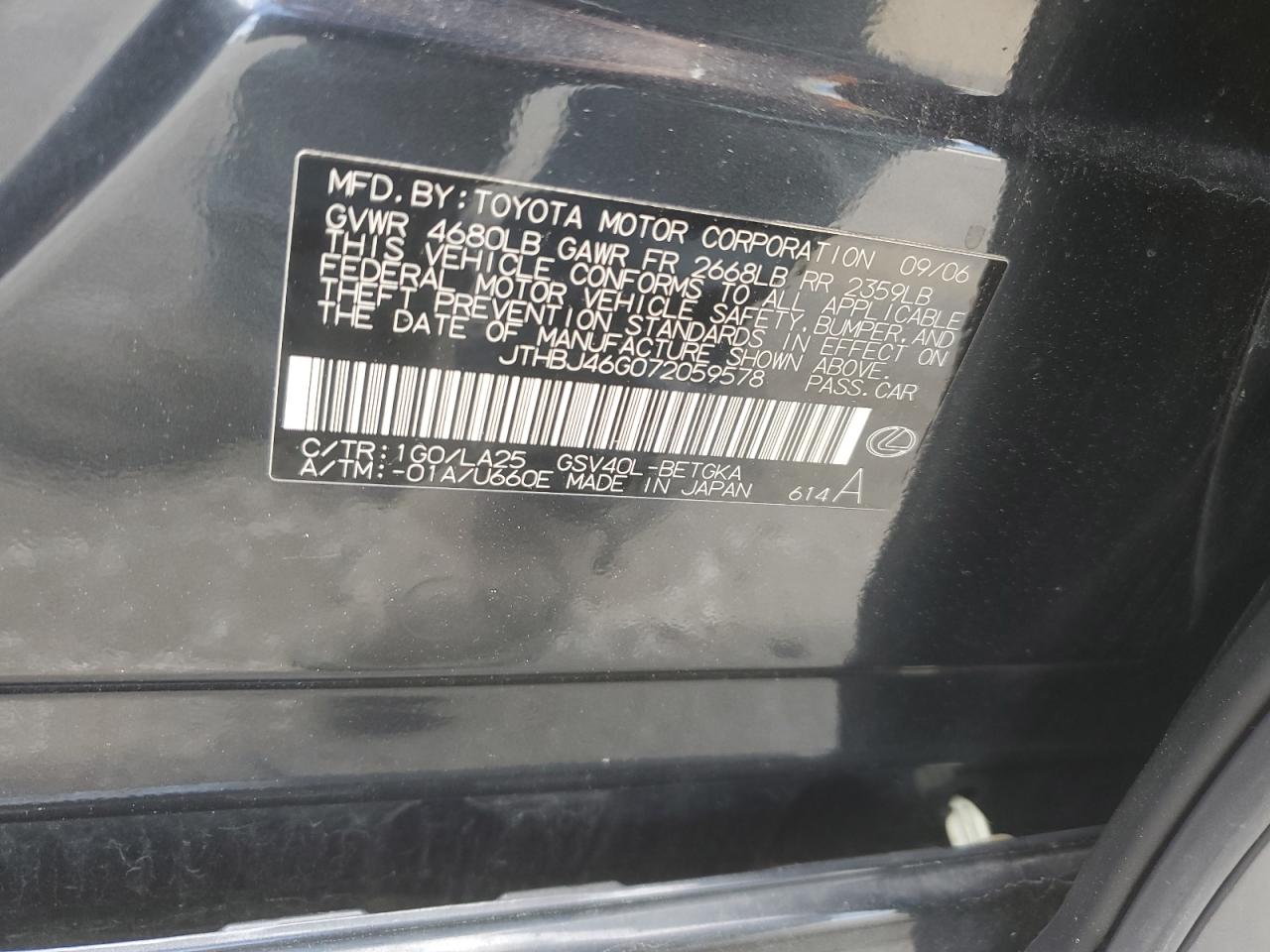 JTHBJ46G072059578 2007 Lexus Es 350