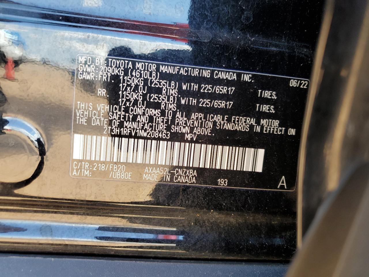 2T3H1RFV1NW208463 2022 Toyota Rav4 Le